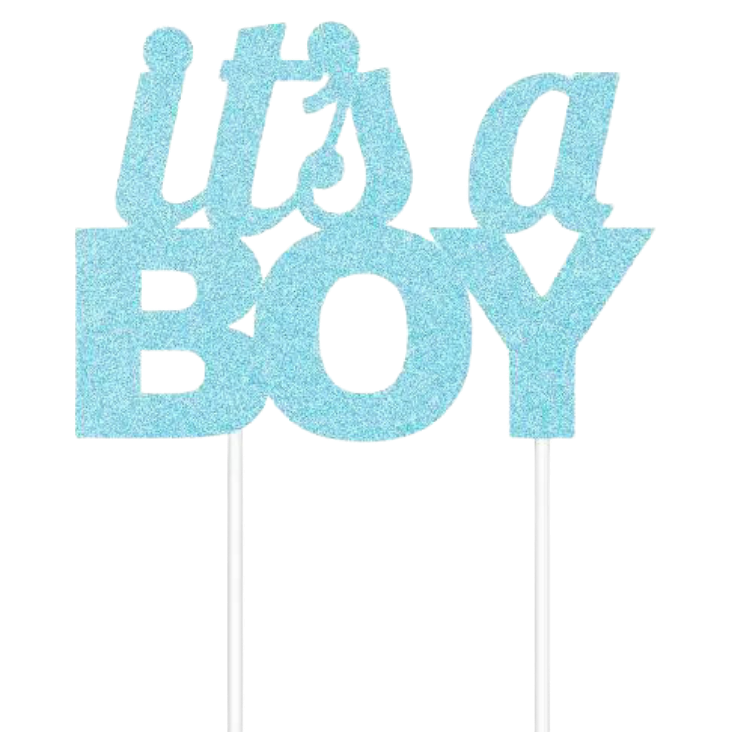 Blue glitter its a boy cake topper baby shower decoration from Parte Haus party supply store in Bethesda MD