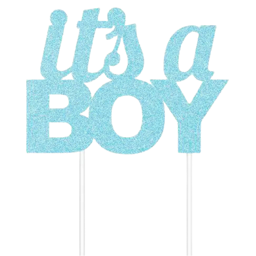 Blue glitter its a boy cake topper baby shower decoration from Parte Haus party supply store in Bethesda MD