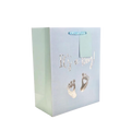 Light blue gift bag with gold It's a Boy text and baby footprints baby shower from Parte Haus party supply store in Bethesda MD