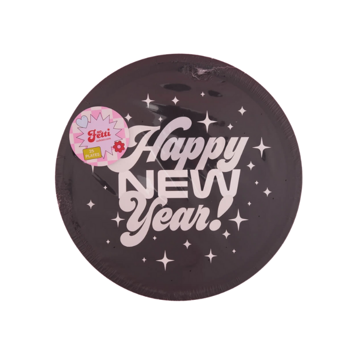 Black Happy New Year paper plate with white stars New Year theme from Parte Haus party supply store in Bethesda Maryland