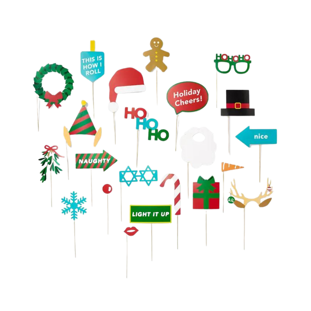 Colorful holiday photo props with festive shapes Christmas Hanukkah theme from Parte Haus party supply store in Bethesda MD