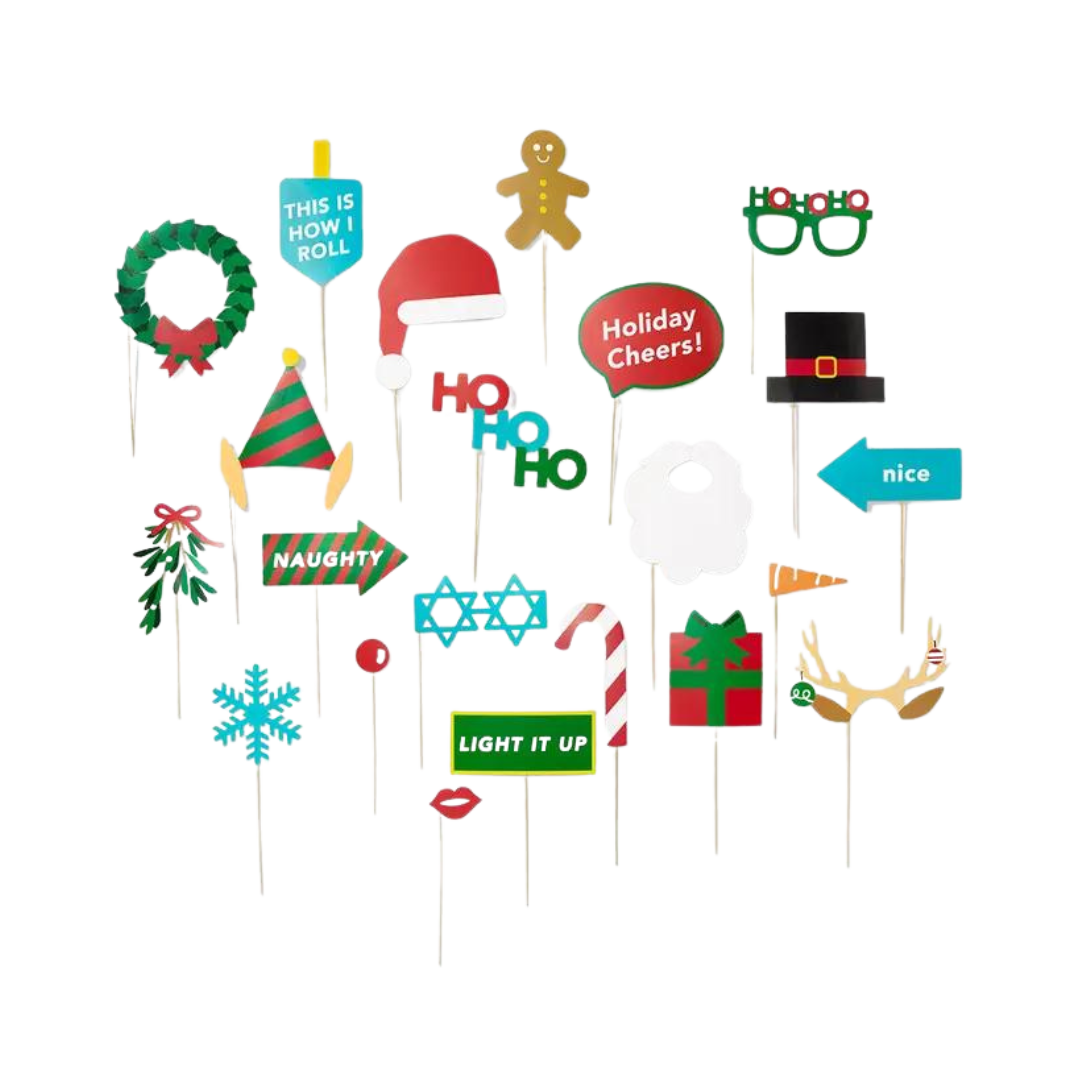 Colorful holiday photo props with festive shapes Christmas Hanukkah theme from Parte Haus party supply store in Bethesda MD