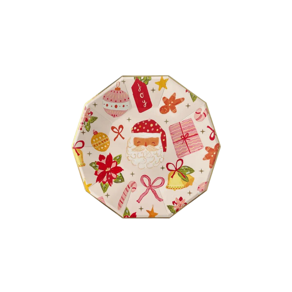 Red and gold Christmas large plate with Santa and holiday icons from Parte Haus party supply store in Bethesda MD