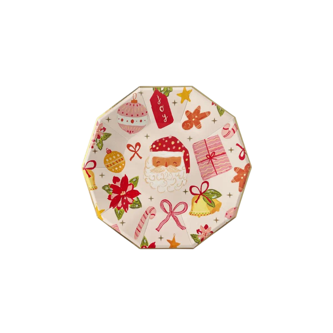 Red and gold Christmas large plate with Santa and holiday icons from Parte Haus party supply store in Bethesda MD