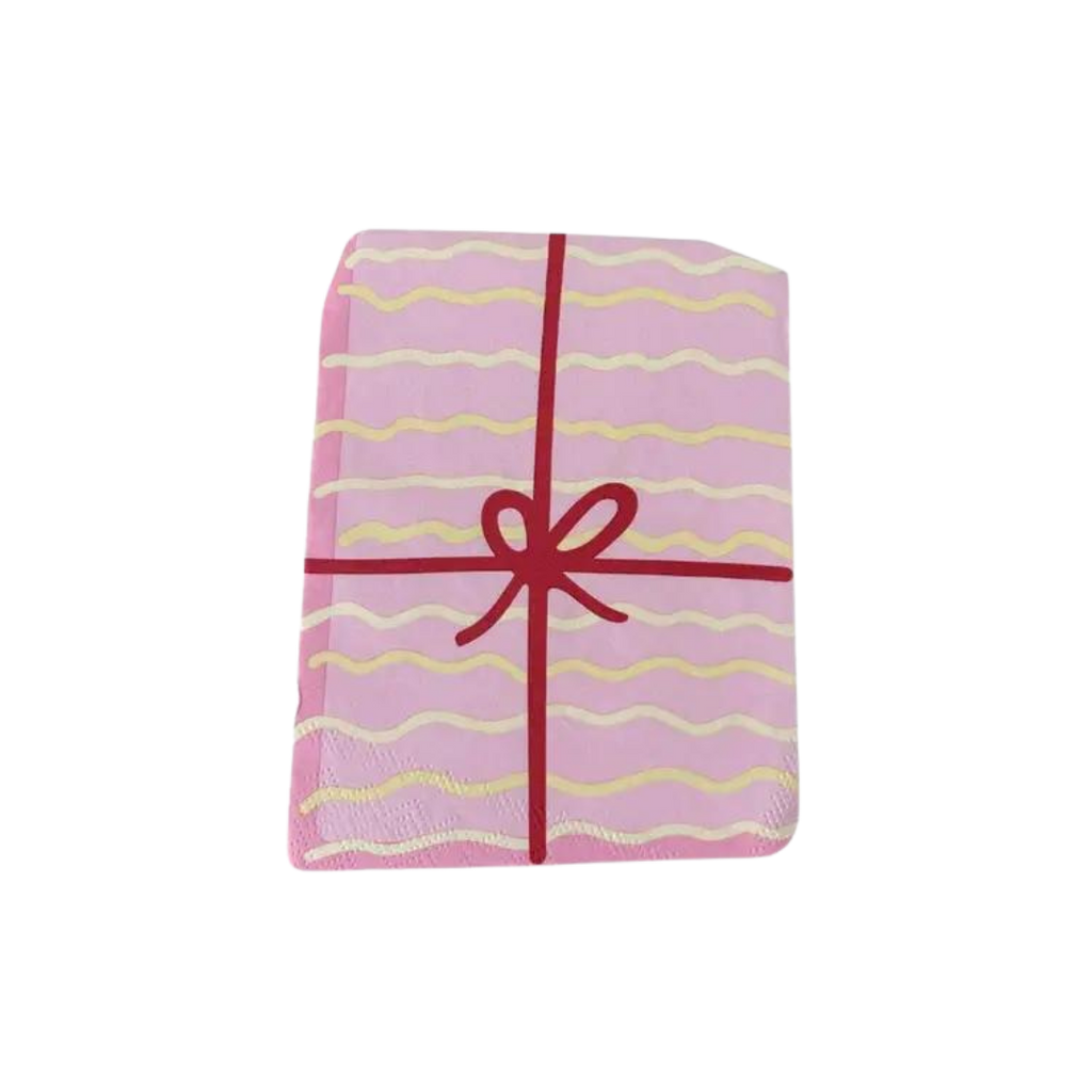 Pink Joy Petite Napkin with wavy lines and red bow birthday from Parte Haus party supply store in Bethesda MD
