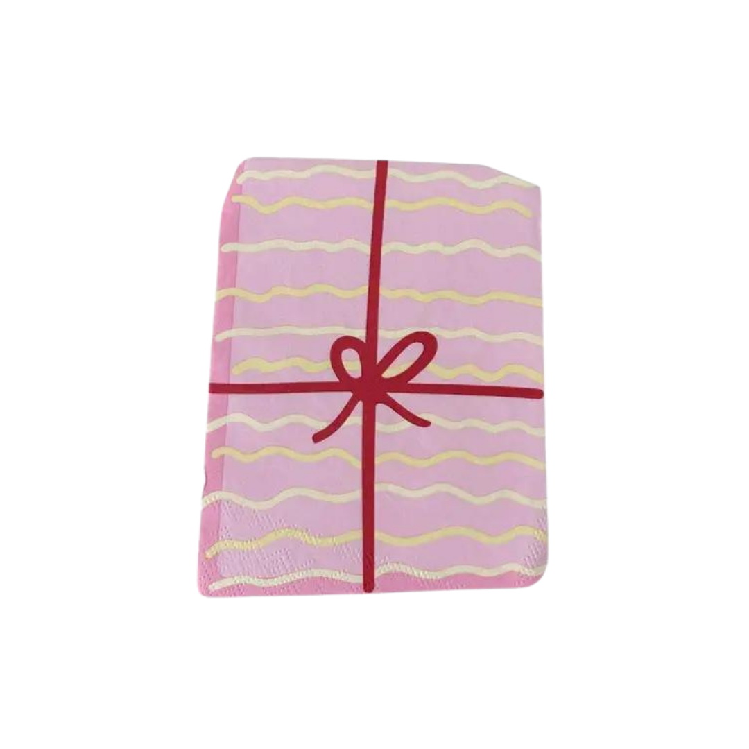 Pink Joy Petite Napkin with wavy lines and red bow birthday from Parte Haus party supply store in Bethesda MD