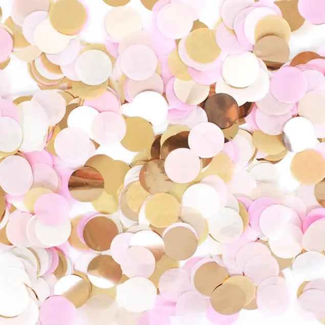 Rustic blush gold jumbo confetti with pink and white accents for celebrations from Parte Haus party supply store in Bethesda MD