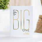 White and gold modern birthday card with bold text birthday theme from Parte Haus party supply store in Bethesda MD