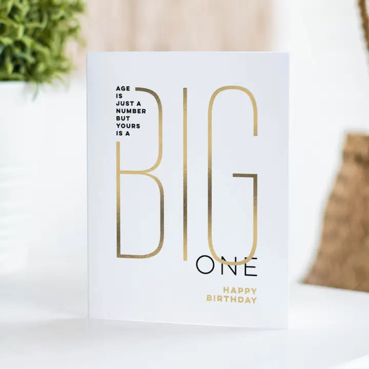 White and gold modern birthday card with bold text birthday theme from Parte Haus party supply store in Bethesda MD