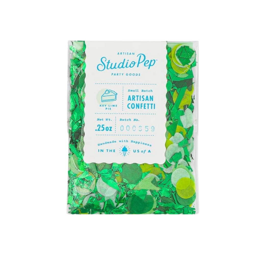 Green key lime artisan confetti in clear bag birthday decor from Parte Haus party supply store in Bethesda MD