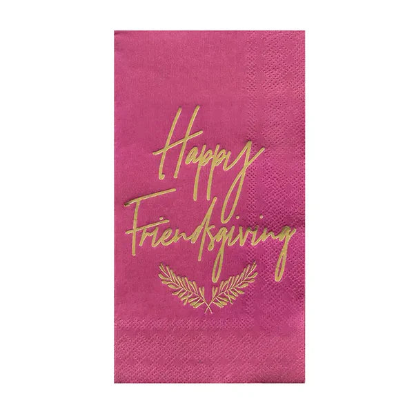 Pink Friendsgiving napkin with gold Happy Friendsgiving text Thanksgiving theme from Parte Haus party supply store in Bethesda MD