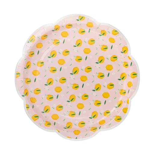 Pink and Yellow Lemon Scatter Scalloped Small Appetizer Dessert Plates