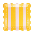 Yellow and Pink Striped Scalloped Square Large Dinner Plates