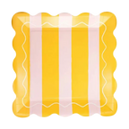 Yellow and Pink Striped Scalloped Square Large Dinner Plates