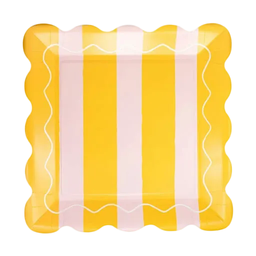 Yellow and Pink Striped Scalloped Square Large Dinner Plates