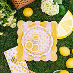 Yellow and Pink Striped Scalloped Square Large Dinner Plates
