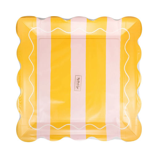 Yellow and Pink Striped Scalloped Square Large Dinner Plates