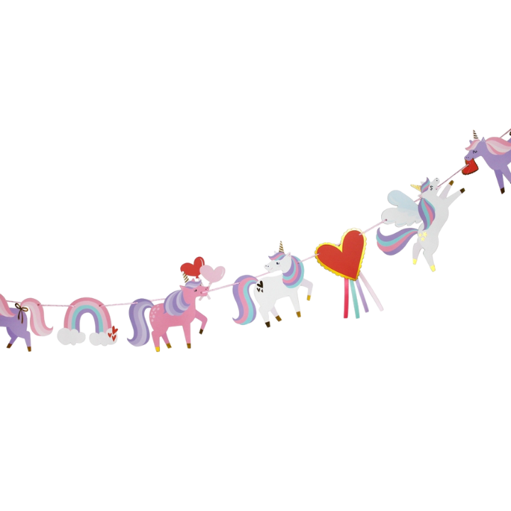 Rainbow unicorn garland with heart unicorn shapes for birthday from Parte Haus party supply store in Bethesda MD