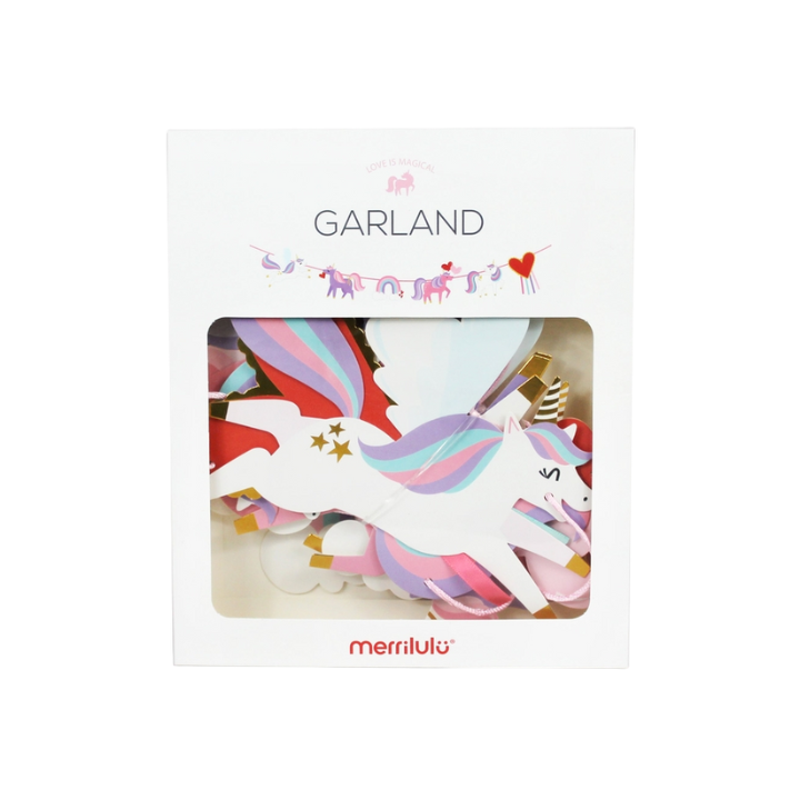 Rainbow unicorn garland with gold accents kids birthday decor from Parte Haus party supply store in Bethesda Maryland