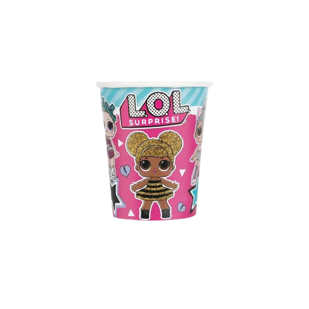 Pink LOL Surprise paper cup with cartoon dolls for birthday from Parte Haus party supply store in Bethesda Maryland