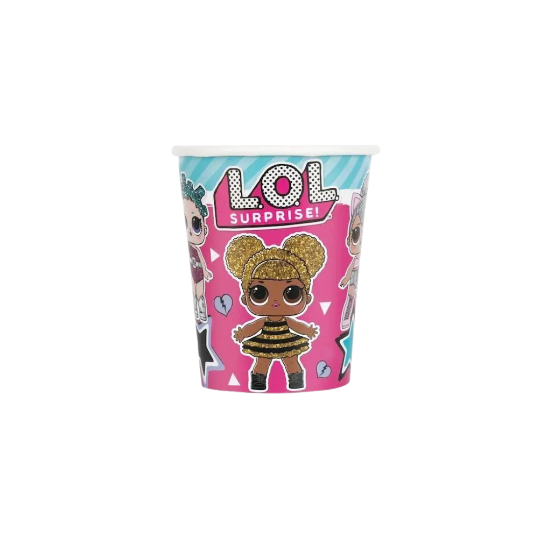 Pink LOL Surprise paper cup with cartoon dolls for birthday from Parte Haus party supply store in Bethesda Maryland