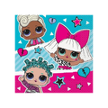 Pink and blue LOL Surprise lunch napkins with cartoon girl dolls for birthday from Parte Haus party supply store in Bethesda MD