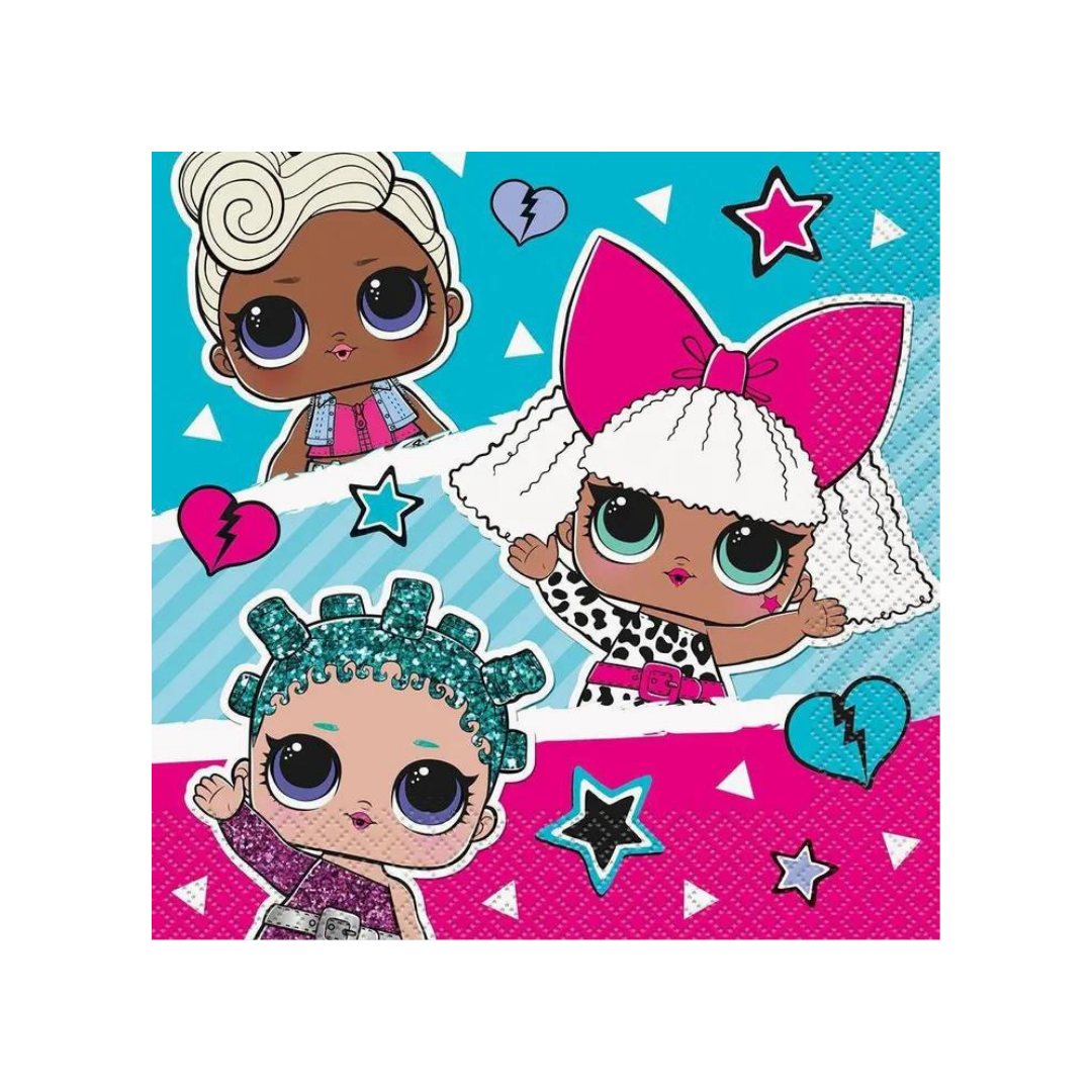 Pink and blue LOL Surprise lunch napkins with cartoon girl dolls for birthday from Parte Haus party supply store in Bethesda MD