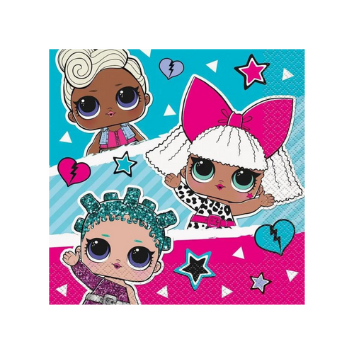 Pink and blue LOL Surprise lunch napkins with cartoon girl dolls for birthday from Parte Haus party supply store in Bethesda MD