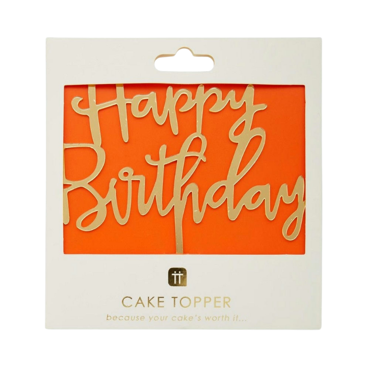 Gold happy birthday cake topper with script letters for birthday from Parte Haus party supply store in Bethesda MD