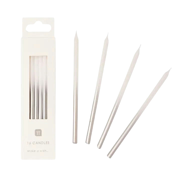 Silver birthday candles slim and elegant for celebrations from Parte Haus party supply store in Bethesda Maryland