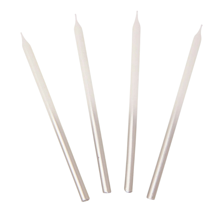 Silver taper candles with pointed tips elegant decor from Parte Haus party supply store in Bethesda Maryland