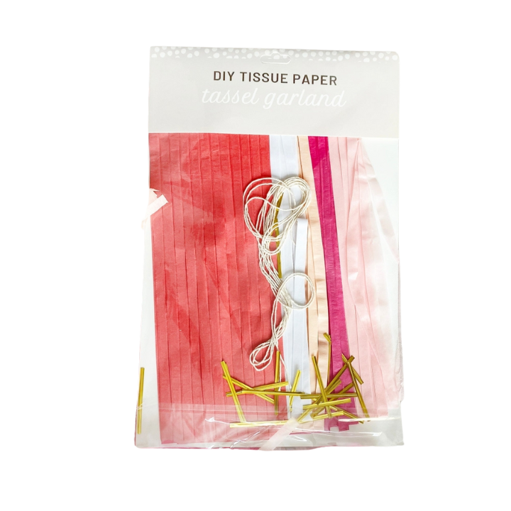 Pastel pink DIY tissue paper tassel garland kit for birthday from Parte Haus party supply store in Bethesda MD