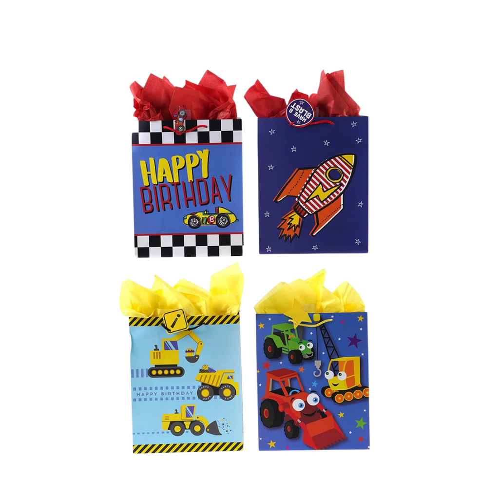 Colorful printed birthday gift bags with vehicles and rocket themes from Parte Haus party supply store in Bethesda MD