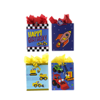 Colorful printed birthday gift bags with vehicles and rocket themes from Parte Haus party supply store in Bethesda MD