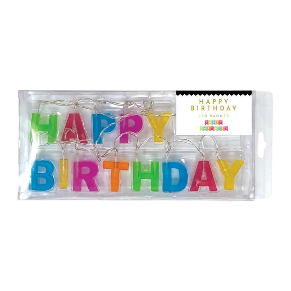 Rainbow LED Happy Birthday banner colorful letters for birthdays from Parte Haus party supply store in Bethesda Maryland