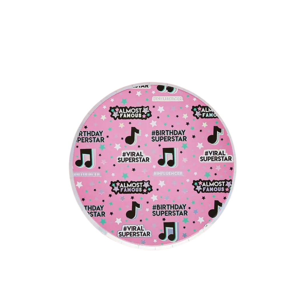 Pink dance birthday paper plate with music notes and stars from Parte Haus party supply store in Bethesda Maryland