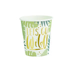 Green jungle paper cup with gold Lets Go Wild text safari theme from Parte Haus party supply store in Bethesda MD.