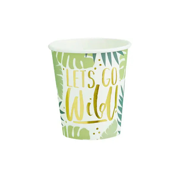 Green jungle paper cup with gold Lets Go Wild text safari theme from Parte Haus party supply store in Bethesda MD.