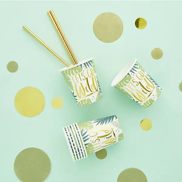 Green and gold jungle theme paper cups with leaf designs birthday party from Parte Haus party supply store in Bethesda MD