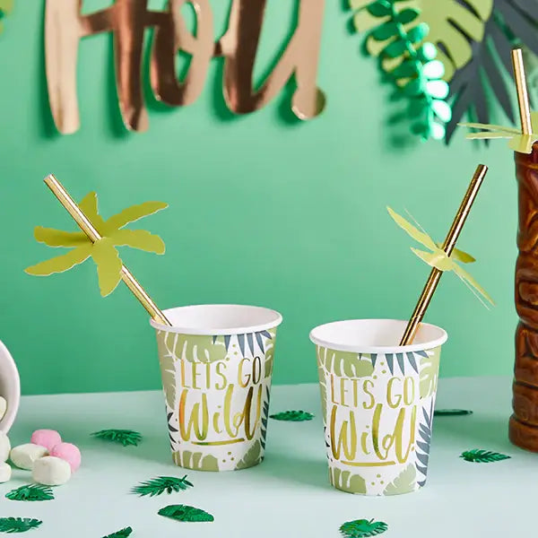 Green tropical paper cups with gold straws jungle birthday theme from Parte Haus party supply store in Bethesda MD