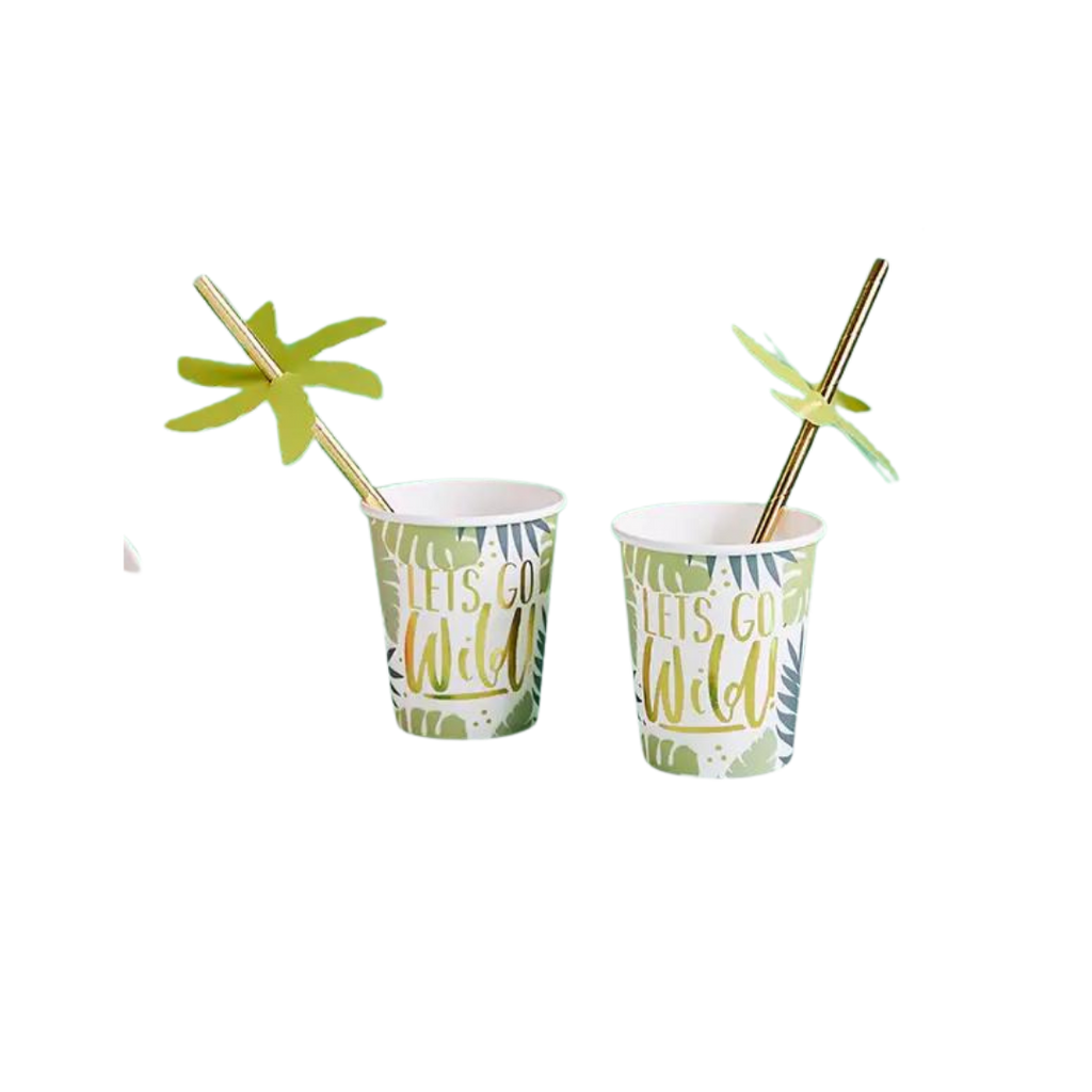 Green jungle paper cups with palm leaf straws for safari theme from Parte Haus party supply store in Bethesda Maryland