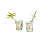 Green jungle paper cups with palm leaf straws for safari theme from Parte Haus party supply store in Bethesda Maryland