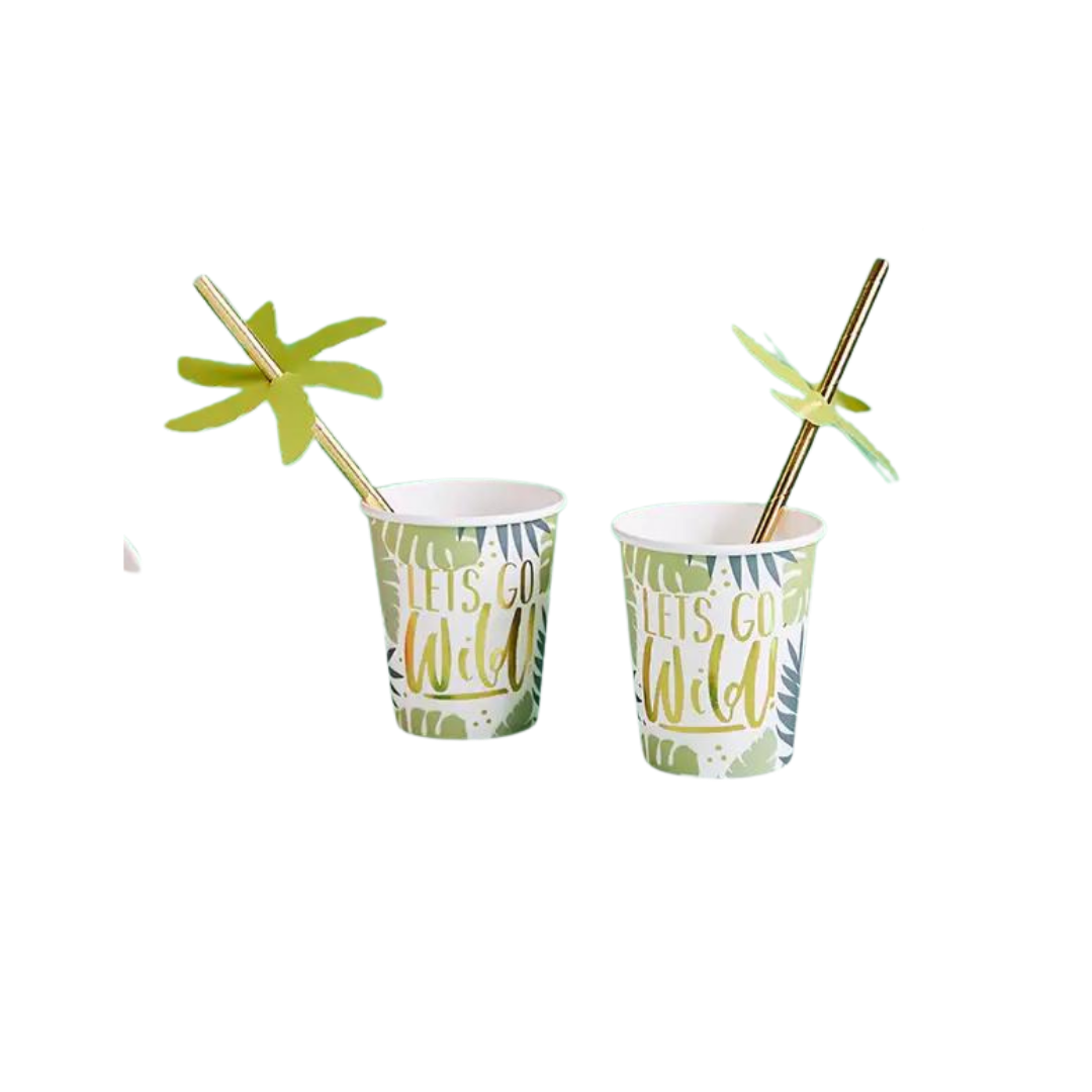 Green jungle paper cups with palm leaf straws for safari theme from Parte Haus party supply store in Bethesda Maryland