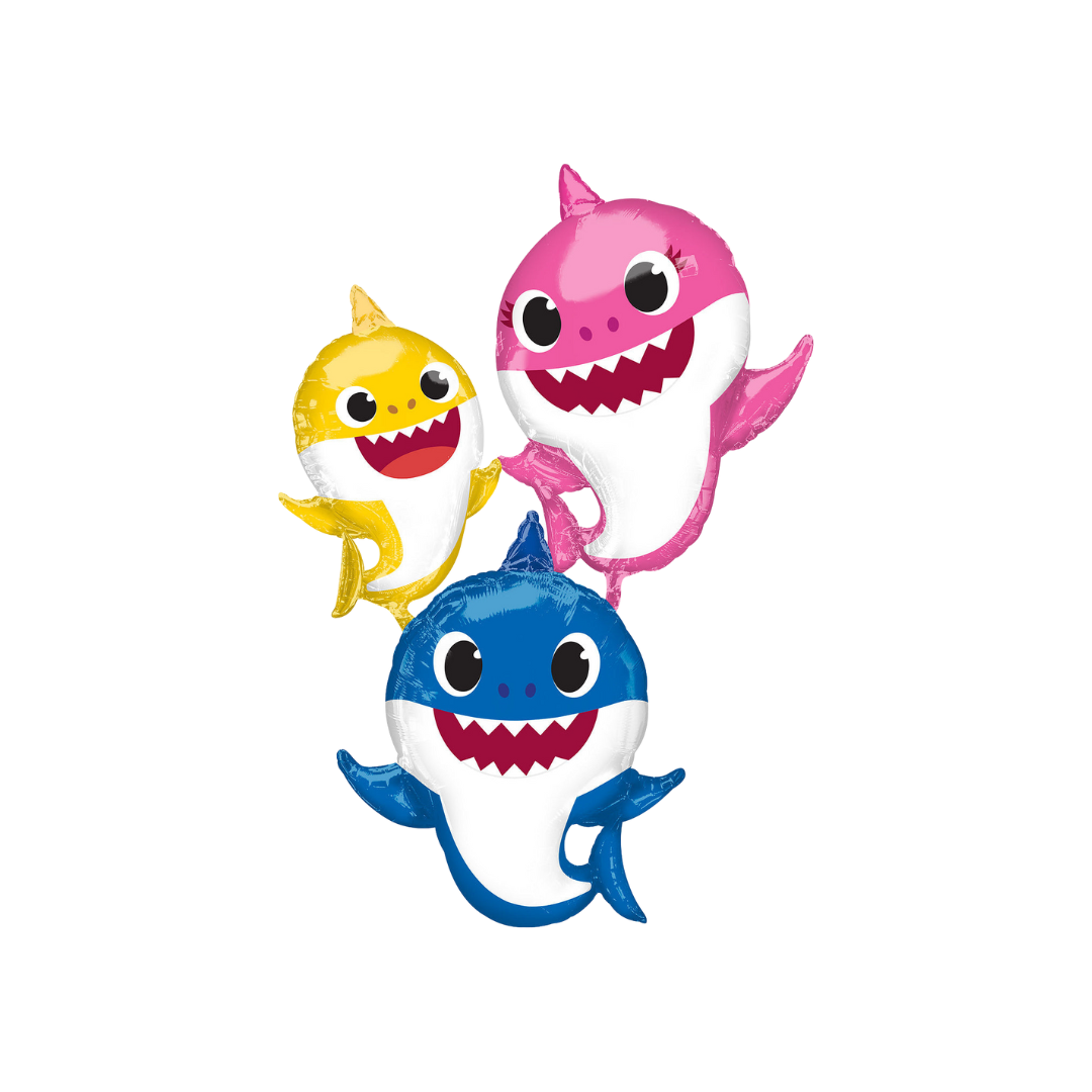 Yellow pink and blue baby shark foil balloons for birthday from Parte Haus party supply store in Bethesda MD