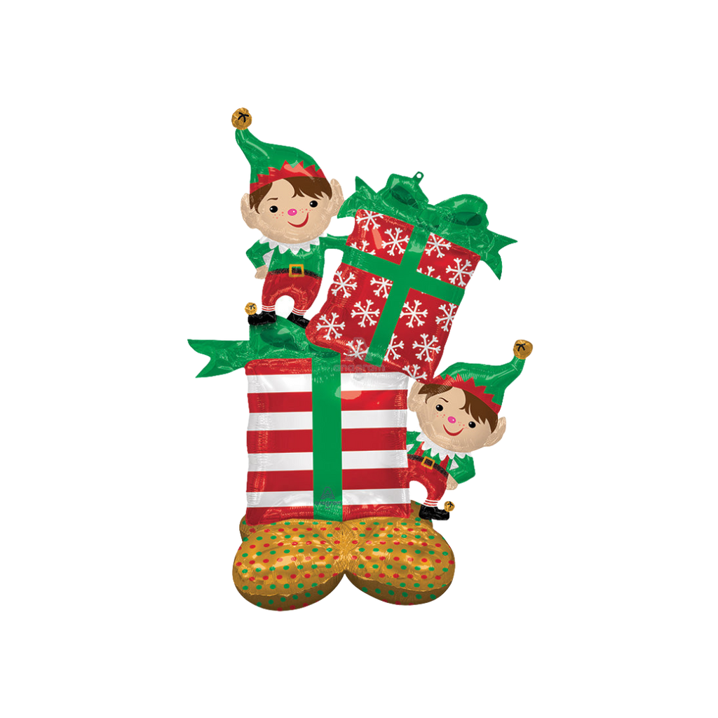 Red green elf giant foil balloon with presents for Christmas from Parte Haus party supply store in Bethesda Maryland