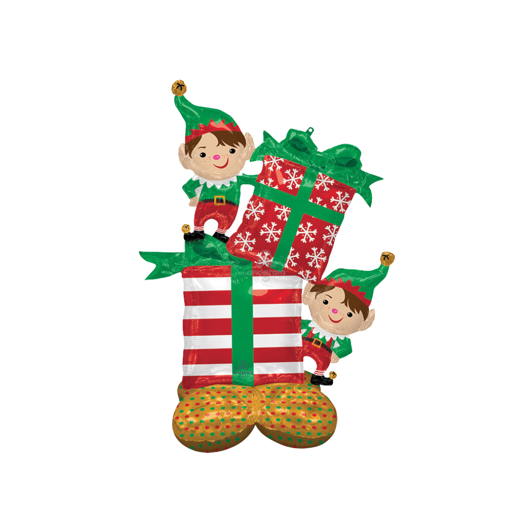 Red green elf giant foil balloon with presents for Christmas from Parte Haus party supply store in Bethesda Maryland