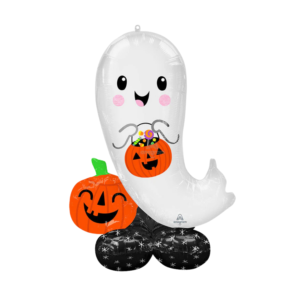 White ghost foil balloon with smiling pumpkins Halloween decoration from Parte Haus party supply store in Bethesda MD
