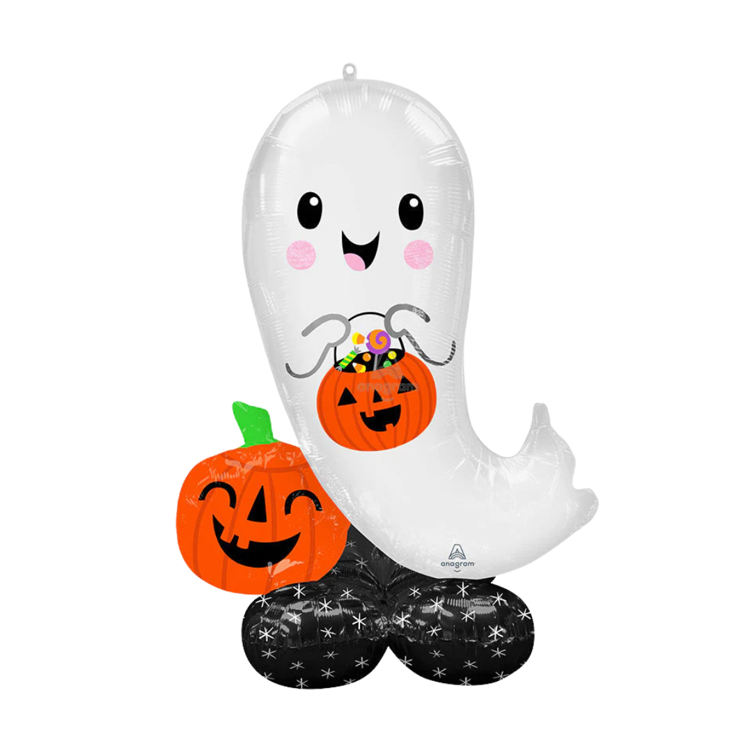 White ghost foil balloon with smiling pumpkins Halloween decoration from Parte Haus party supply store in Bethesda MD