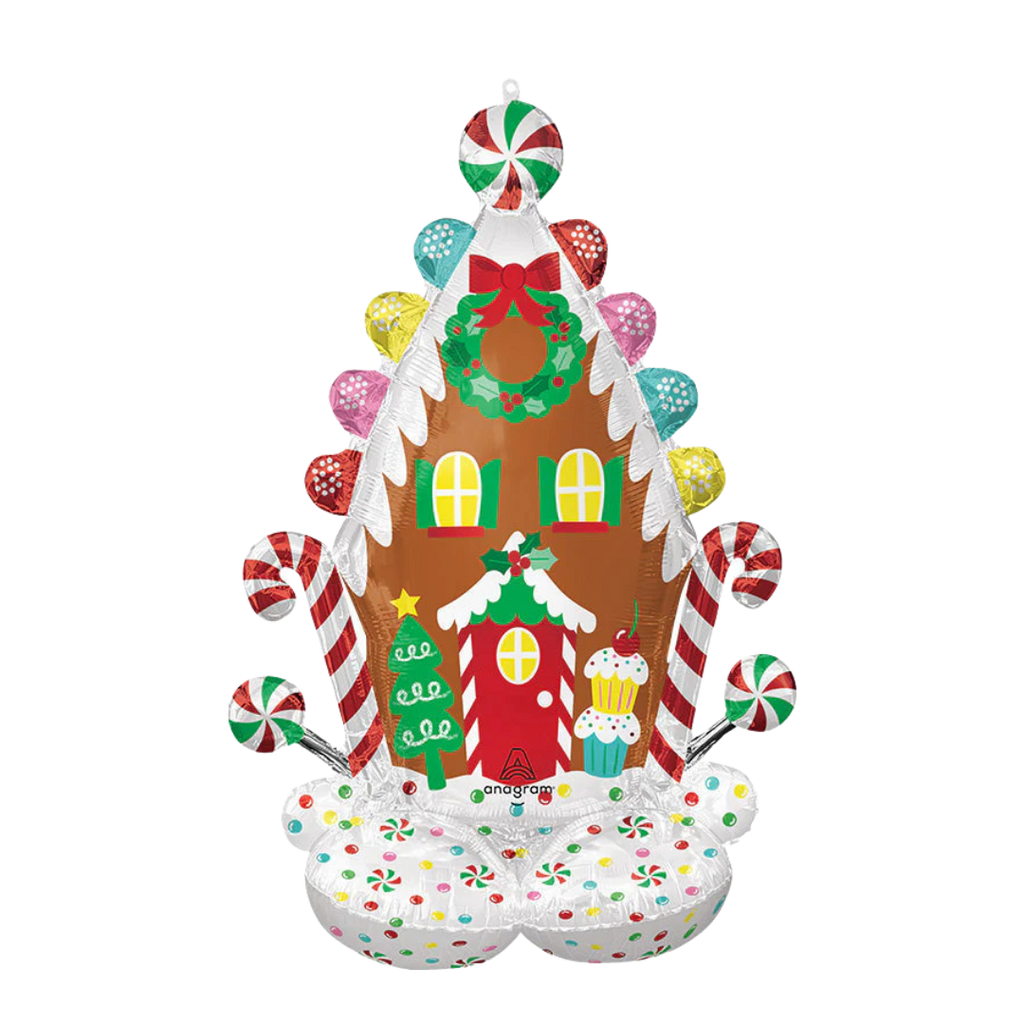 Brown giant gingerbread house foil balloon with holiday candy details Christmas decor from Parte Haus party supply store in Bethesda Maryland