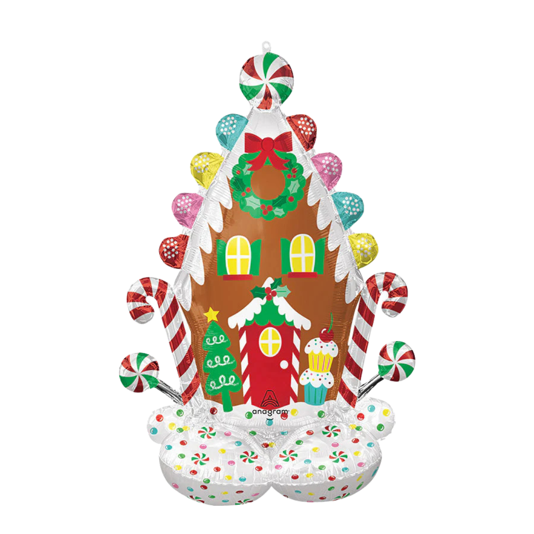 Brown giant gingerbread house foil balloon with holiday candy details Christmas decor from Parte Haus party supply store in Bethesda Maryland
